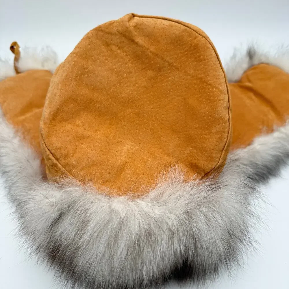 Genuine Rabbit Fur Trapper Hat Ushanka Made in Russia Tan Suede Vintage